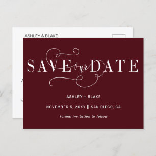 Burgundy Handwritten Calligraphy Save the Date Announcement Postcard