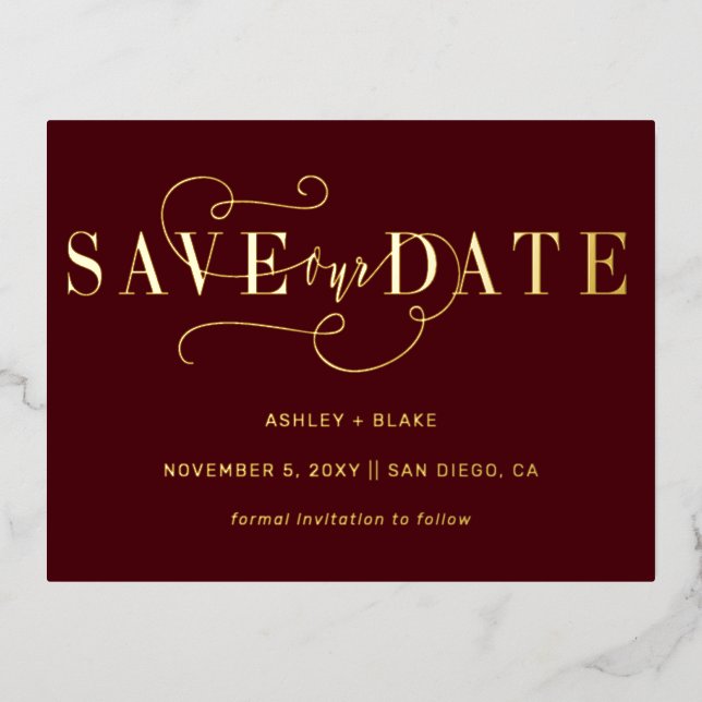 Burgundy Handwritten Calligraphy Save the Date  Foil Invitation Postcard (Front)