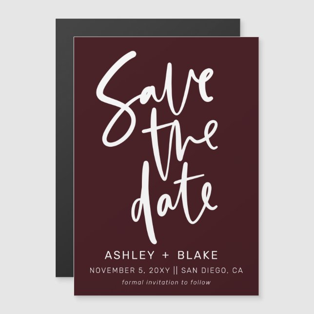 Burgundy Handwritten Calligraphy Save the Date Magnetic Invitation (Front/Back)