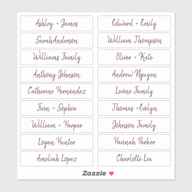 Burgundy Handwritten Script Guest Names Labels 18x (Sheet)