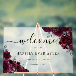 Burgundy Happily Ever After Wedding Acrylic Sign
