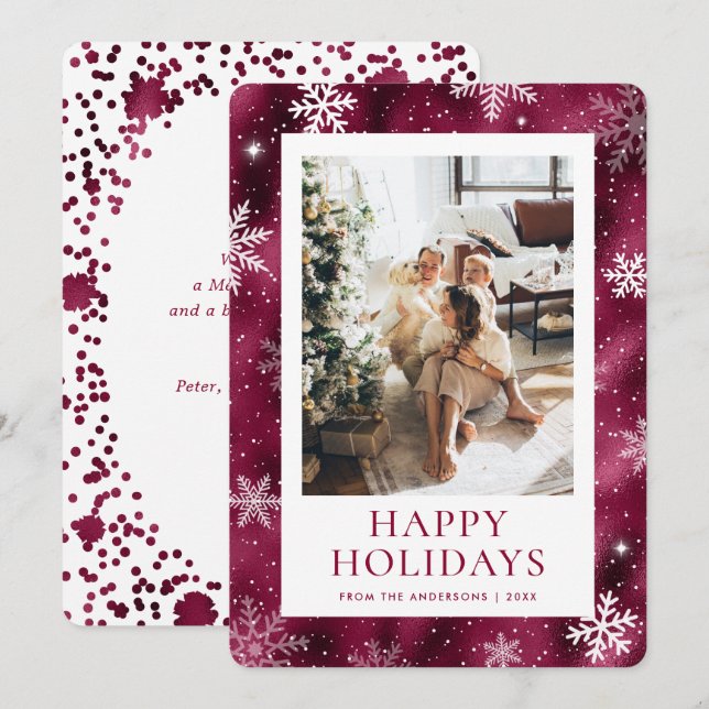 Burgundy Happy Holidays Snowflake Snow Photo Holiday Card (Front/Back)