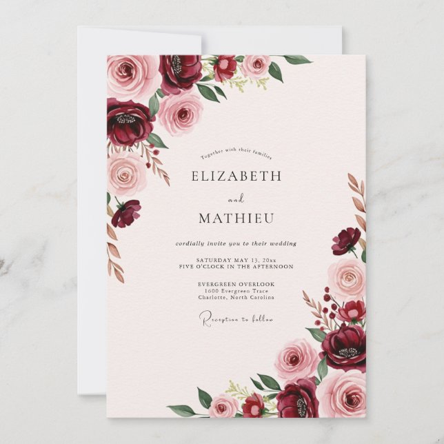 Burgundy Harmonious Floral Wedding Invitation (Front)
