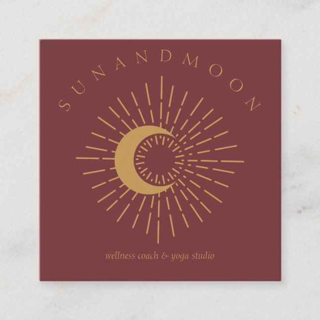 Burgundy Healing Sun Moon Spiritual Solar Energy Square Business Card (Front)