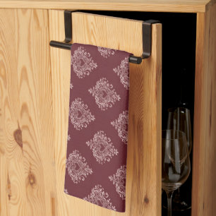 Burgundy Heart Damask Kitchen Towels