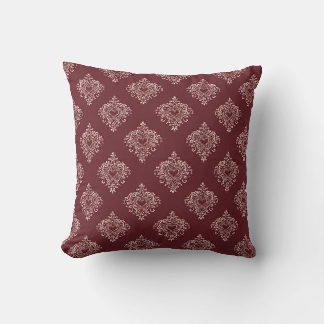 Burgundy Heart Damask Throw Pillow (Front)