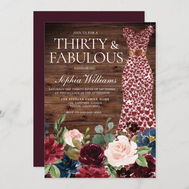 Burgundy Heart Dress Rustic Floral 30th Birthday Invitation (Front/Back)