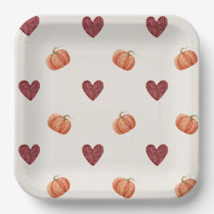 Burgundy Hearts Pumpkins Thanksgiving Paper Plate
