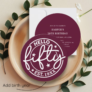 Burgundy Hello Fifty 50th Birthday Invitation
