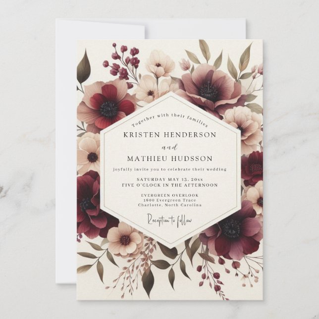 Burgundy Heritage Bloom Wedding Invitation (Front)