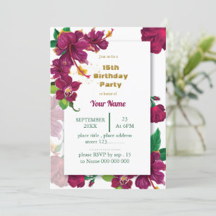 burgundy hibiscus flowers rose birthday party invitation