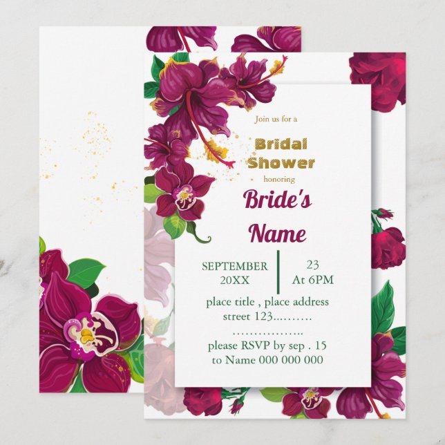 burgundy hibiscus flowers rose bridal shower invitation (Front/Back)