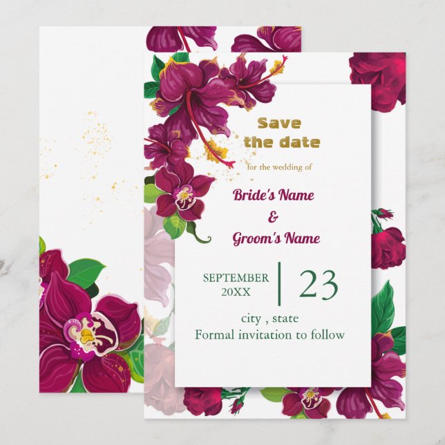 burgundy hibiscus flowers rose save the date invitation (Front/Back)