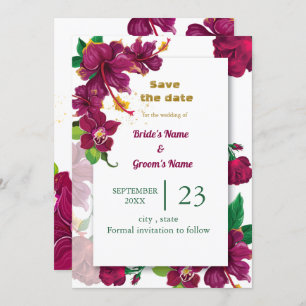 burgundy hibiscus flowers rose save the date invitation