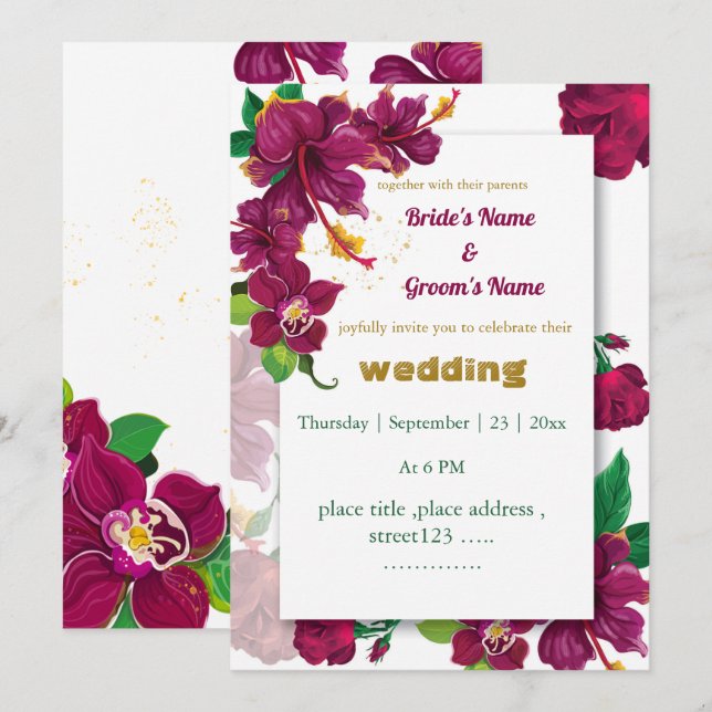 burgundy hibiscus flowers rose wedding invitation (Front/Back)