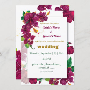 burgundy hibiscus flowers rose wedding invitation
