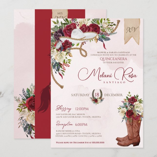 Burgundy Holiday Floral Western Charro Quinceanera Invitation (Front/Back)