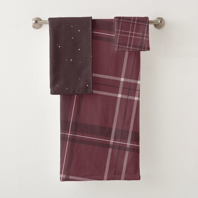 Burgundy holiday plaid and stars bath towel set (Insitu)