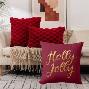 Burgundy Holly Jolly - Gold Script Holiday Decor Cushion