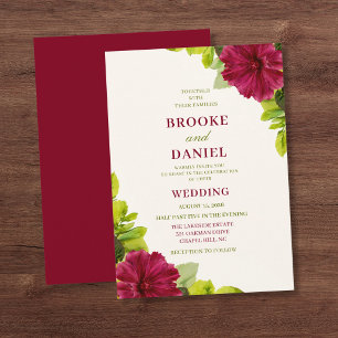 Burgundy Hollyhock Green Leaf Wedding Invitation