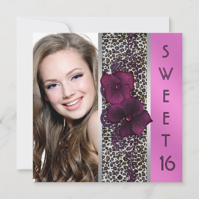 Burgundy Hot Pink Leopard Photo Sweet Sixteen Invitation (Front)