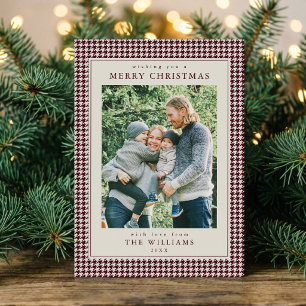 Burgundy Houndstooth Christmas Photo Holiday Card