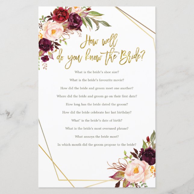 Burgundy How well do you know The Bride Game card (Front)