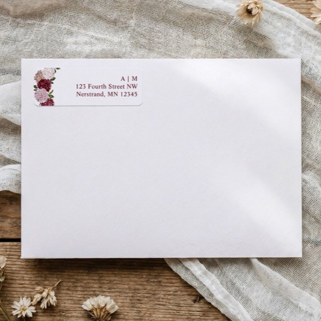 Burgundy Hydrangea Floral Wedding Return Address Label (Burgundy hydrangea wedding return address label with initials and vintage florals)