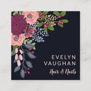Burgundy Hydrangea & Pink Roses Square Business Card