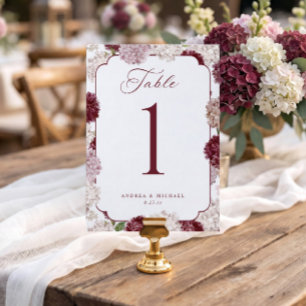 Burgundy Hydrangea Winter Wedding Table Numbers