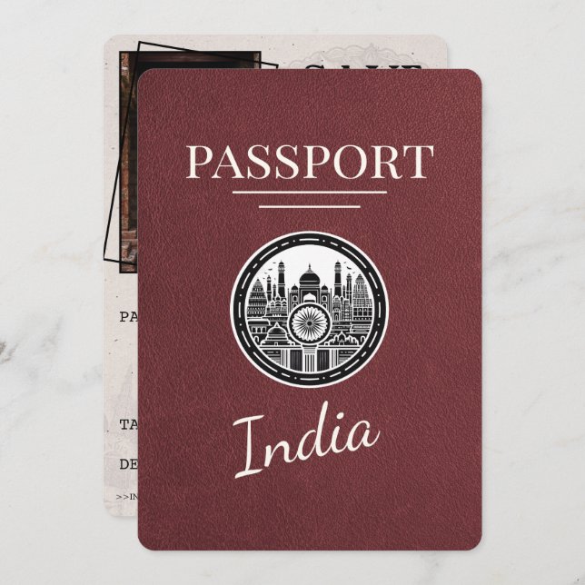 Burgundy India Passport Save The Date (Front/Back)