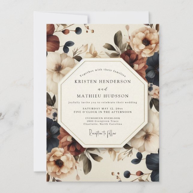 Burgundy Indigo Artful Bloom Wedding Invitation (Front)