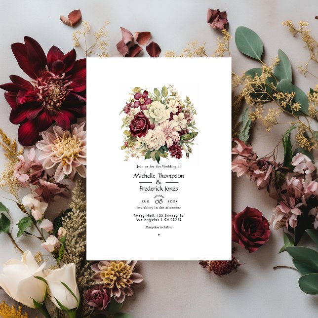 Burgundy, Ivory, and Sage Floral Wedding Invitation (Creator Uploaded)