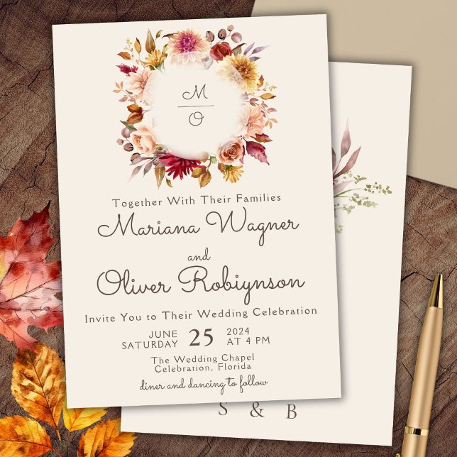 Burgundy Ivory Autumn Floral Wedding Invitation (Creator Uploaded)