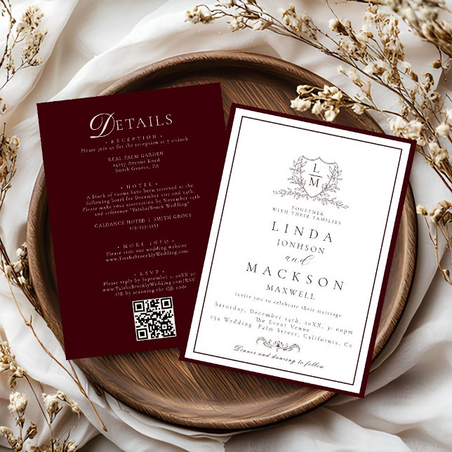 Burgundy & Ivory botanical crest All in onewedding Invitation (Creator Uploaded)