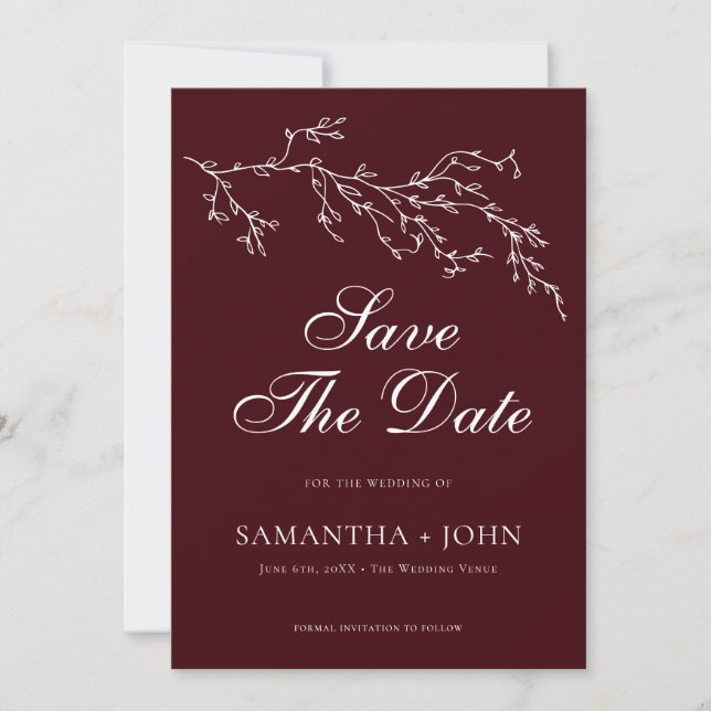 Burgundy & Ivory Botanical Elegant Photo Save The Date (Front)
