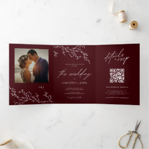 Burgundy & Ivory Botanical Elegant Wedding Tri-Fold Invitation