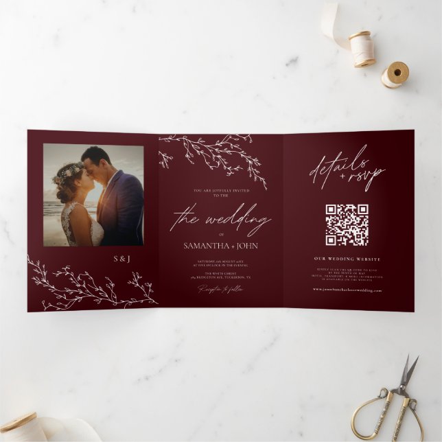 Burgundy & Ivory Botanical Elegant Wedding Tri-Fold Invitation (Inside)