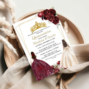 Burgundy & Ivory Butterfly Twin Quinceanera  Invitation