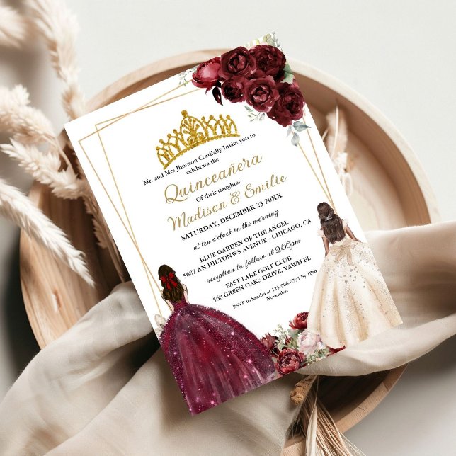 Burgundy & Ivory Butterfly Twin Quinceanera  Invitation (Creator Uploaded)