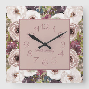 Burgundy Ivory Cream Floral  Square Wall Clock