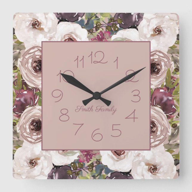 Burgundy Ivory Cream Floral  Square Wall Clock (Front)