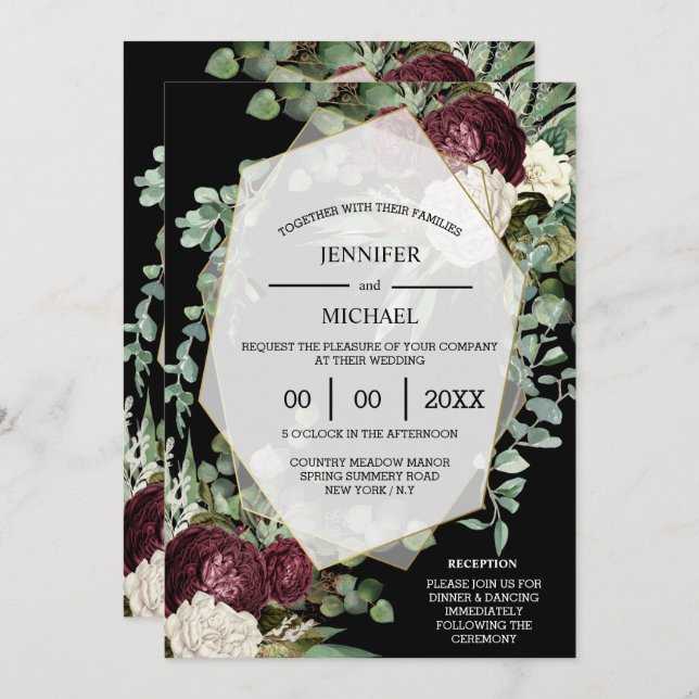 Burgundy ivory dark moody rose eucalyptus   invitation (Front/Back)