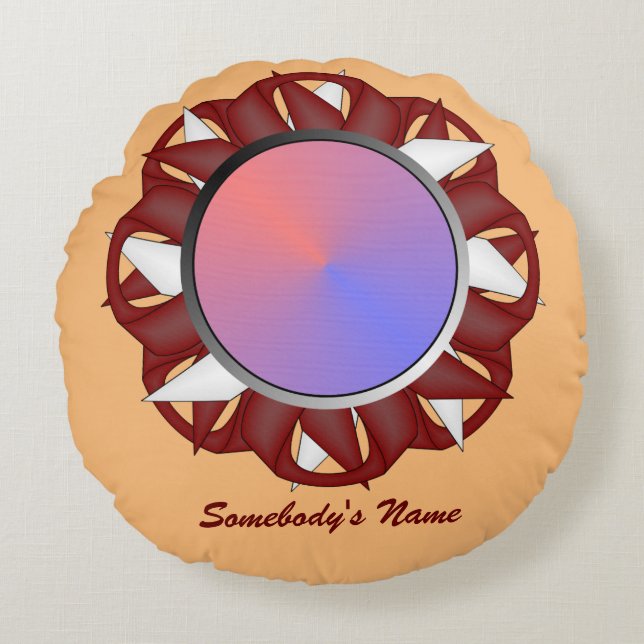 Burgundy-Ivory Disc Ribbon by Kenneth Yoncich Round Cushion (Front)