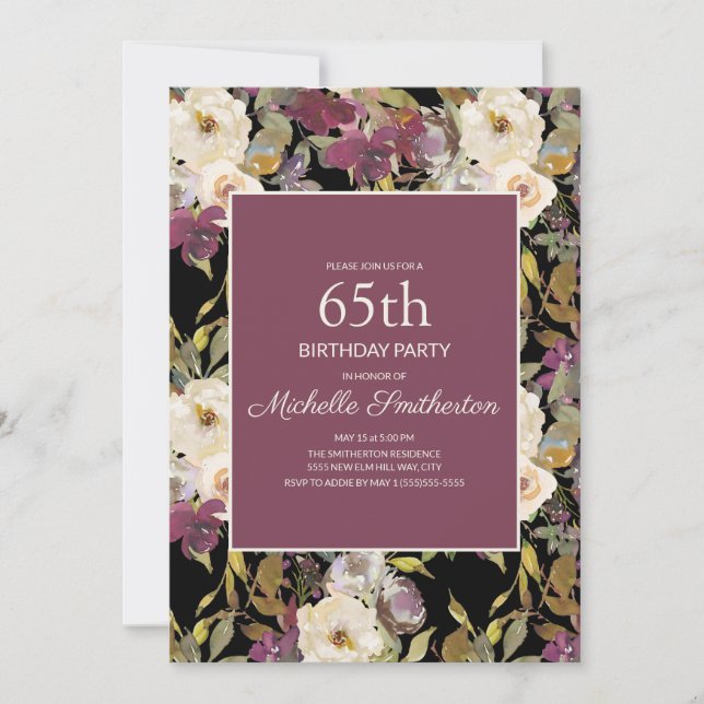 Burgundy Ivory Floral Foliage Black 65th Birthday Invitation (Front)