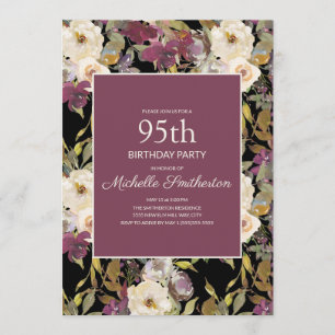 Burgundy Ivory Floral Foliage Black 95th Birthday Invitation