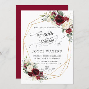 Burgundy Ivory Floral Greenery Birthday Geometric Invitation