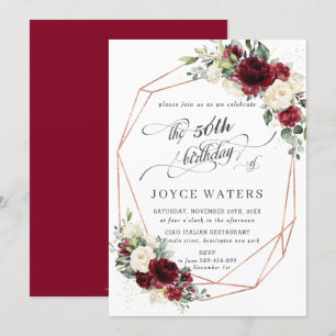 Burgundy Ivory Floral Greenery Birthday Geometric  Invitation