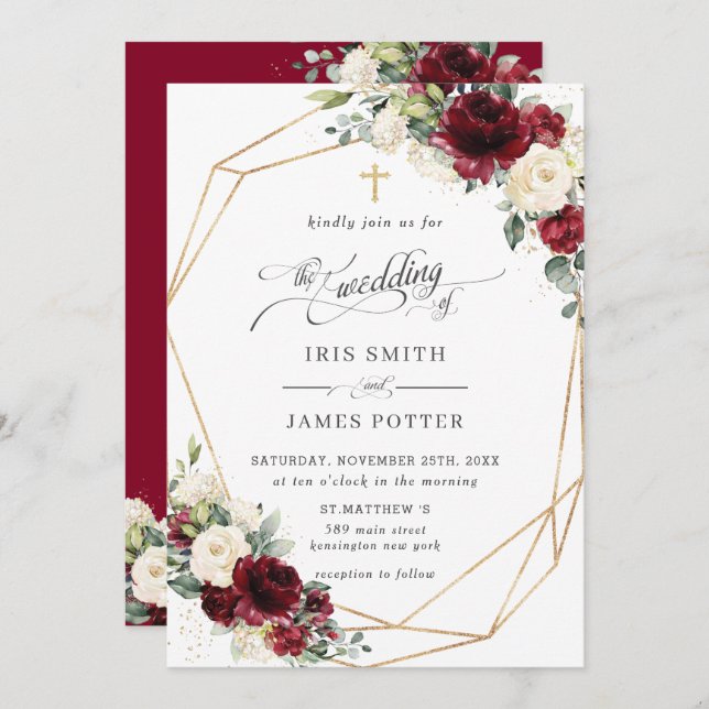 Burgundy Ivory Floral Greenery Church Wedding   Invitation (Front/Back)