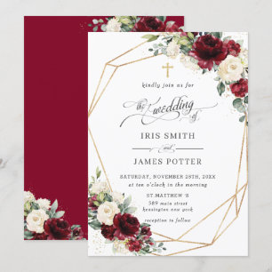 Burgundy Ivory Floral Greenery Church Wedding   Invitation